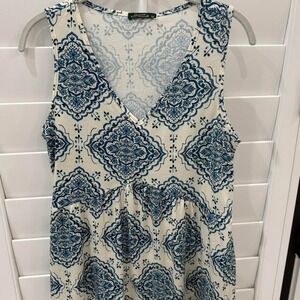 Ofeefan Cream Blue‎ Medallion Print Sleeveless V Neck Babydoll Tank Top M